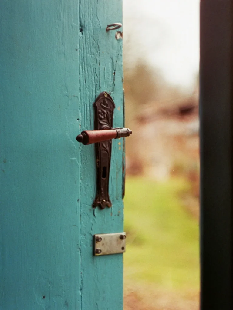 A teal wooden door standing ajar, the handle within reach, a green field visible through the opening.