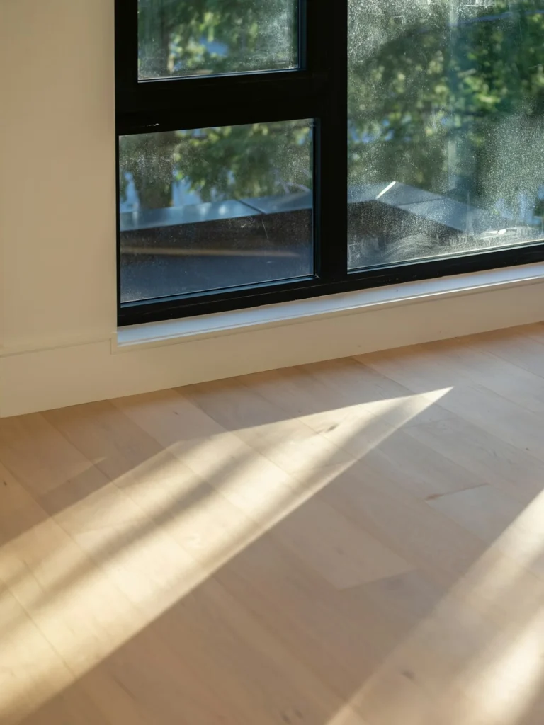 An empty room with a tall corner window, sunlight falling in long shapes across a bare wooden floor.